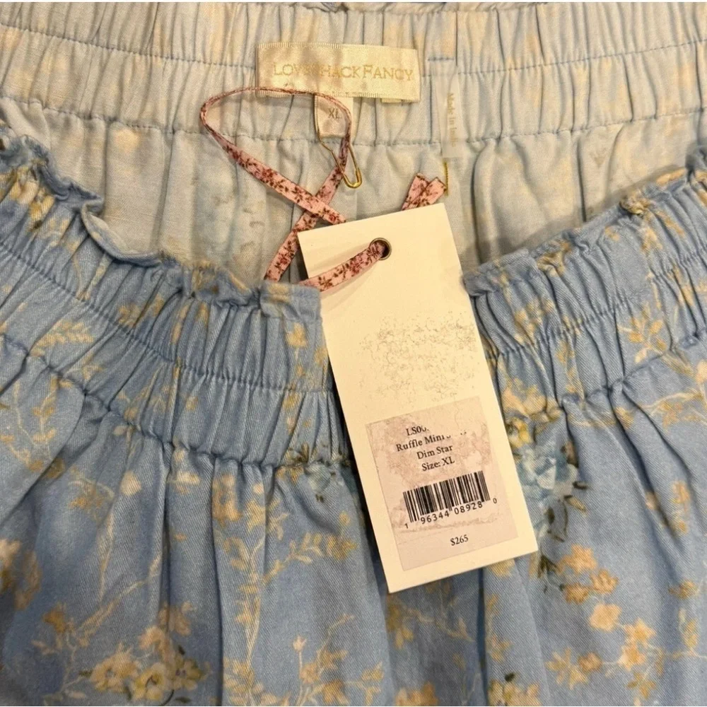 LoveShackFancy NWT Dim Star Mini Skirt Blue Floral Tiered Ruffle XL